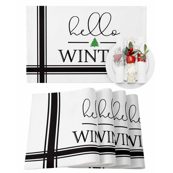 Christmas Hello Placemats Set of 2 Winter Xmas Tree Black Line Heat Insulation Washable Place Mats, Rustic Non-Slip Table Mats for Dining Table Party Kitchen Decor,13x19 Inch