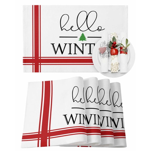 Christmas Hello Placemats Set of 2 Winter Xmas Tree Red Line Heat Insulation Washable Place Mats, Rustic Non-Slip Table Mats for Dining Table Party Kitchen Decor,13x19 Inch