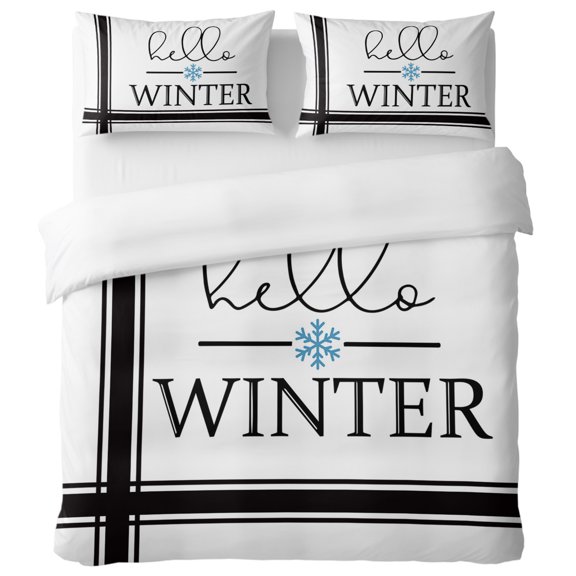 Christmas Hello Queen Duvet Cover Set, Winter Snowflake Black Line Decorative 3 Piece Bedding Set with Zipper Closure Soft Breathable Microfiber Comforter Cover 2 Pillowcases