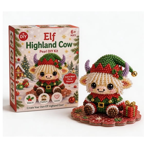 Christmas Highland Cow 3D Pearl Bead DIY Kit - Glossy Pearl Look Beads Craft Set, Unique Stocking Stuffer Idea for Teens Girls Boys and Creative Adults (Elf)