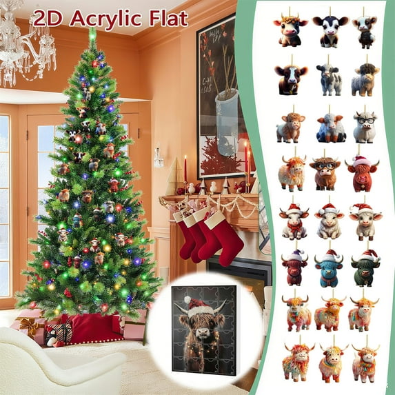 Christmas Highland Cow Advent Calendar 2025 24 Days Of Christmas Advent Calendar Hanging Ornament Xmas Tree Cartoon Cow Decorative Ornament 2D Acrylic with Santa Hats Holiday Decor