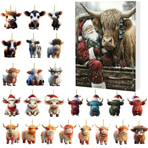 Christmas Highland Cow Advent Calendar 2025, 24 Days Of Christmas Advent Calendar Hanging Ornament, Xmas Tree Cartoon Cow Decorative Ornament