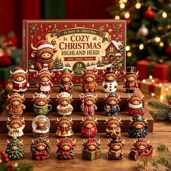 Christmas Highland Cow Advent Calendar 24 Acrylic Ornaments 24-Day Countdown, Farmhouse Decor, Daily Unboxing, Collectible Figurines, Festive Display Set (E)