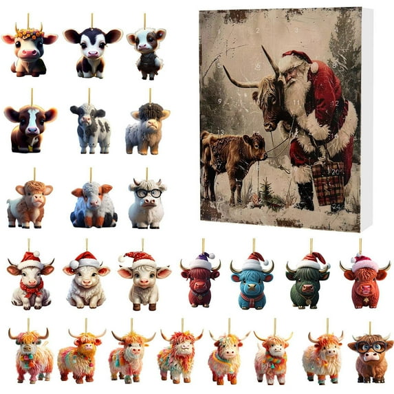 Christmas Highland Cow Advent Calendar, 24 Days Of Christmas Countdown Calendar Hanging Ornament, Christmas Tree Cartoon Cow Decorative Pendants