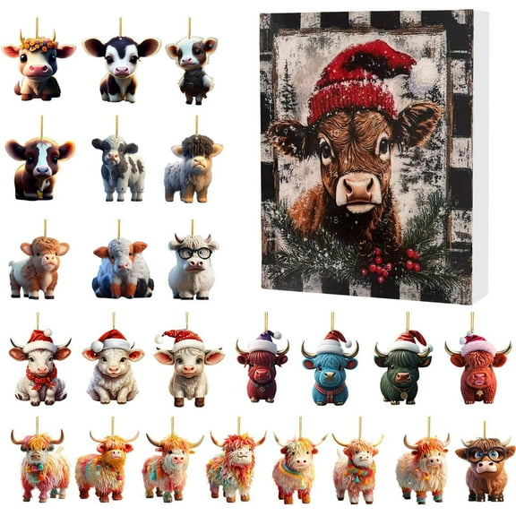 Christmas Highland Cow Advent Calendar, 24 Days Of Christmas Countdown Calendar Hanging Ornament, Christmas Tree Cartoon Cow Decorative Pendants