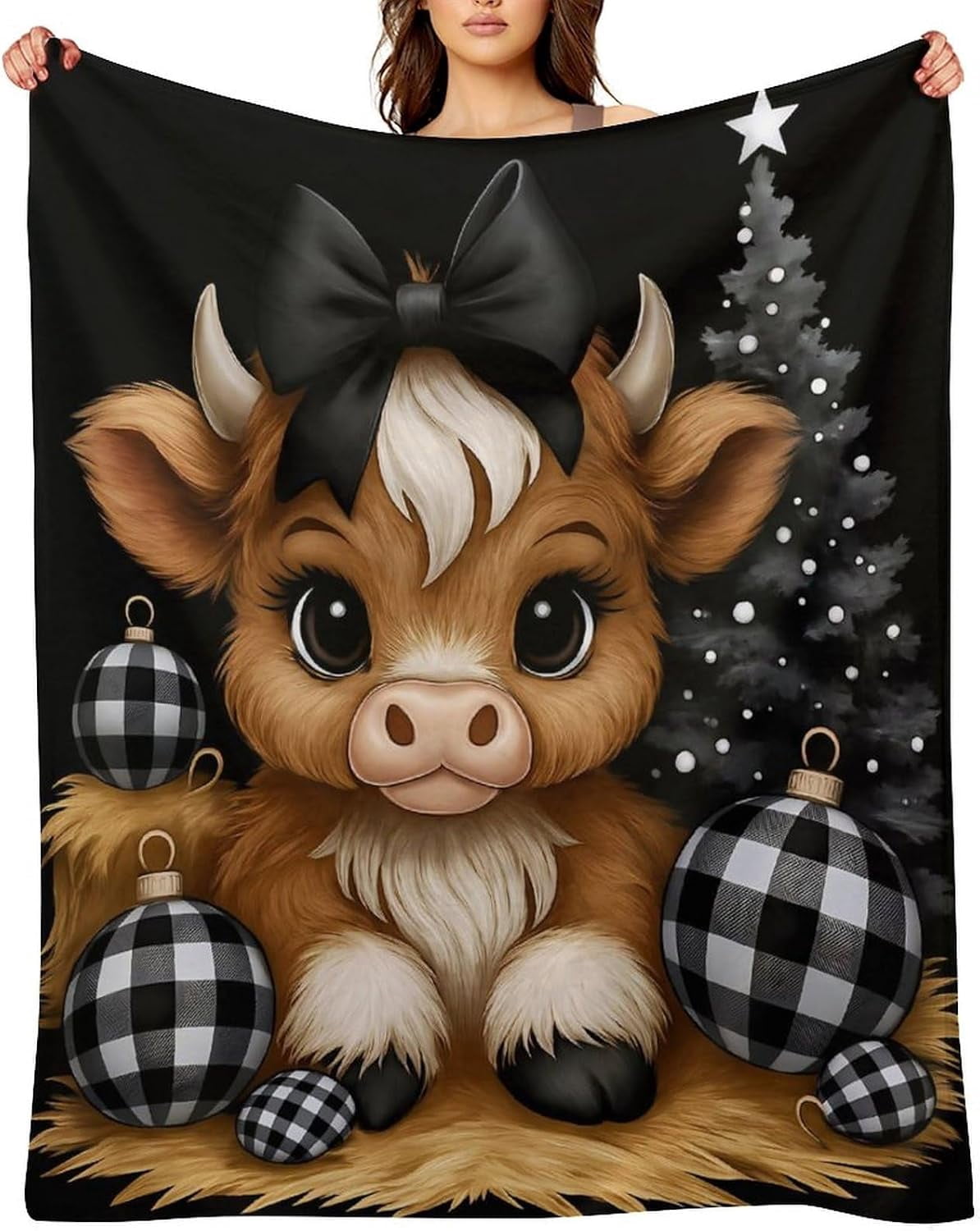 Christmas Highland Cow Blanket with Black Bow and Buffalo Plaid ...