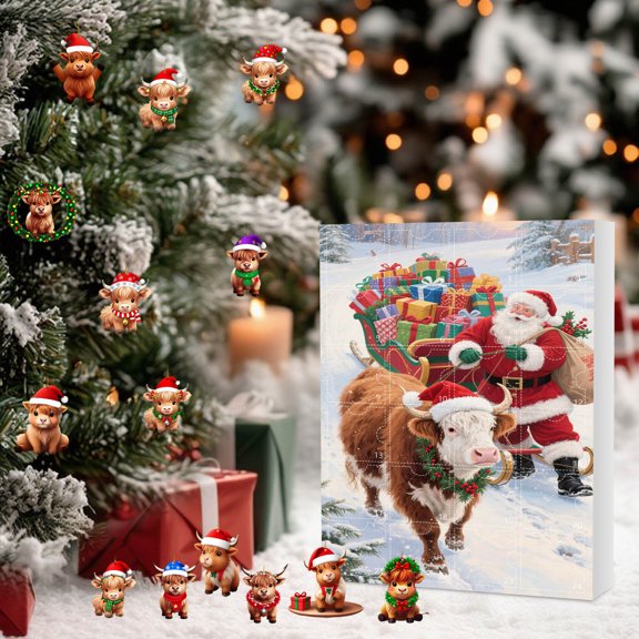 Christmas Highland Cow Countdown Advent Calendar, 24-Day Holiday Collectible Ornament Set for Home Wall Decor