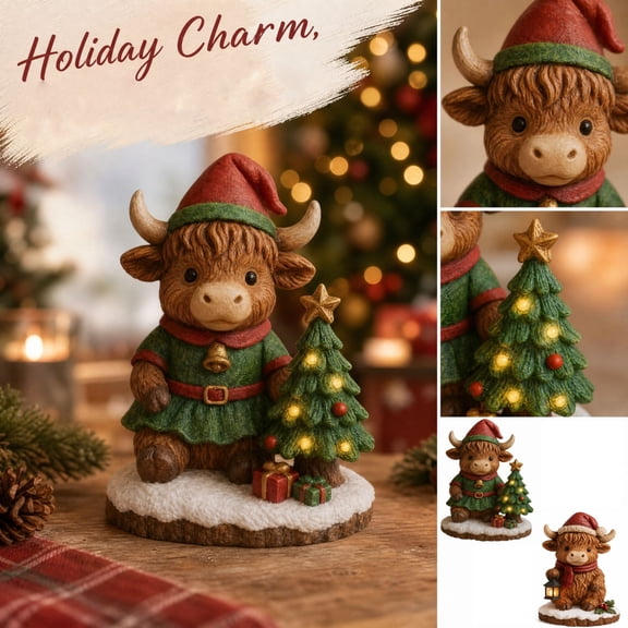 Christmas Highland Cow Figurine Lighted Tree Tabletop Resin Statue with Winter Snow Base for Holiday Fireplace Mantel Shelf Home Decor