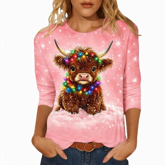 Christmas Highland Cow Graphic Tee Shirt for Women Animals PrintXmas Santa T-Shirt, 3/4 Sleeve Funny Holiday P