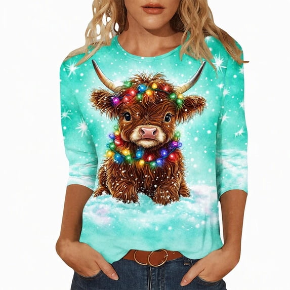 Christmas Highland Cow Graphic Tee Shirt for Women Animals PrintXmas Santa T-Shirt, 3/4 Sleeve Funny Holiday P