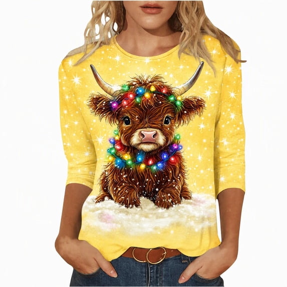 Christmas Highland Cow Graphic Tee Shirt for Women Animals PrintXmas Santa T-Shirt, 3/4 Sleeve Funny Holiday P