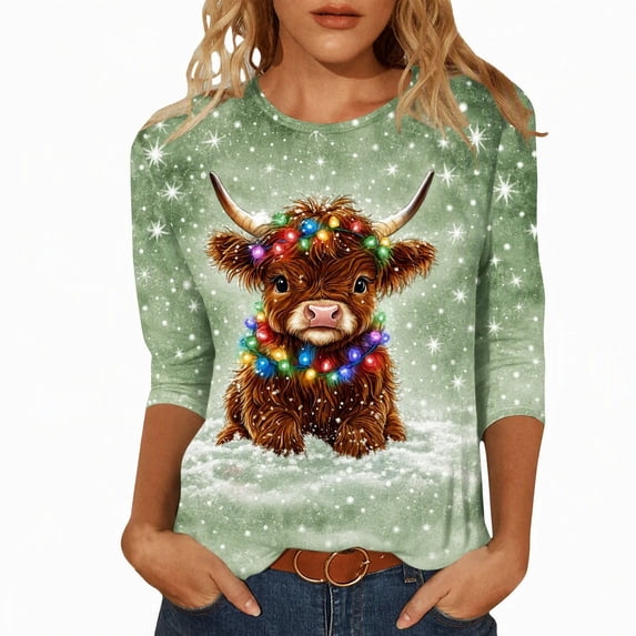Christmas Highland Cow Graphic Tee Shirt for Women Animals PrintXmas Santa T-Shirt, 3/4 Sleeve Funny Holiday P