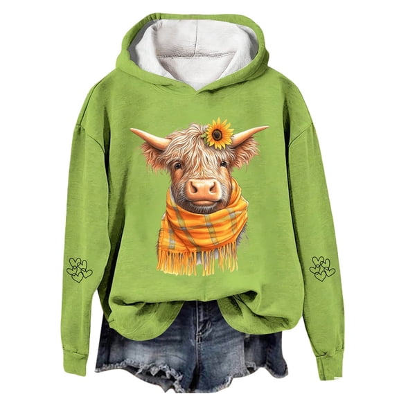 Christmas Highland Cow Hoodies for Women 2025 Long Sleeve Western Country Hooded Sweatshirt Pullover Tops