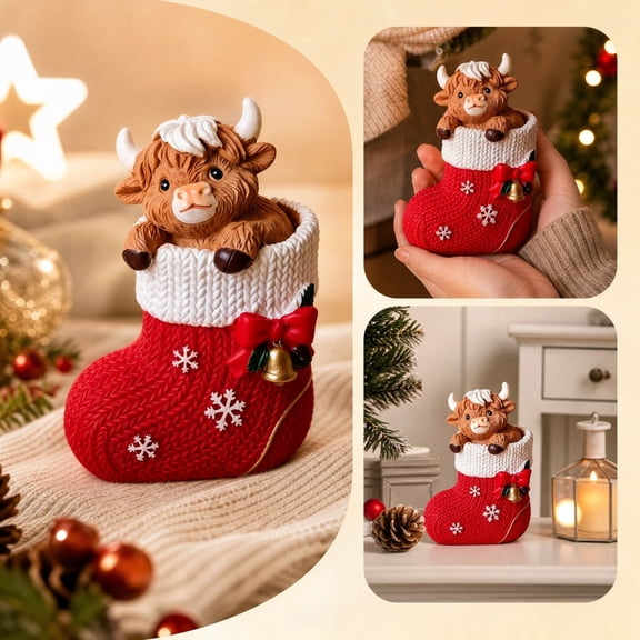 Christmas Highland Cow Resin Figurine 4.1" in Stocking Holiday Tabletop Decor