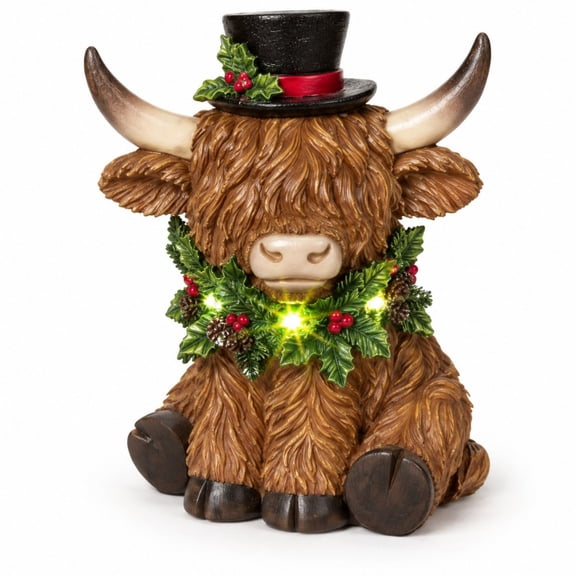 Christmas Highland Cow Resin Figurine with LED Lighted Wreath Fluffy Cow Holiday Table Home Decor Gift