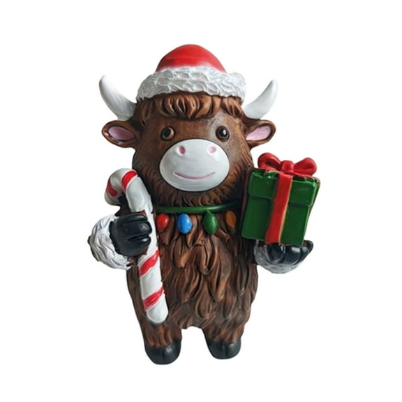 Christmas Highland Cow Resin Statue with Festive Decor, Holiday Tabletop Sculpture for Mantel Shelf Decorations, Unique Gift for Christmas Home Accents