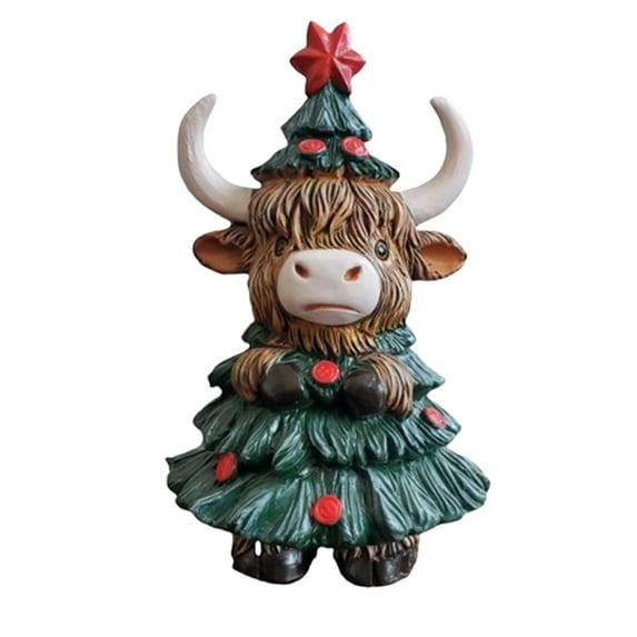 Christmas Highland Cow Resin Statue with Festive Decor, Holiday Tabletop Sculpture for Mantel Shelf Decorations, Unique Gift for Christmas Home Accents