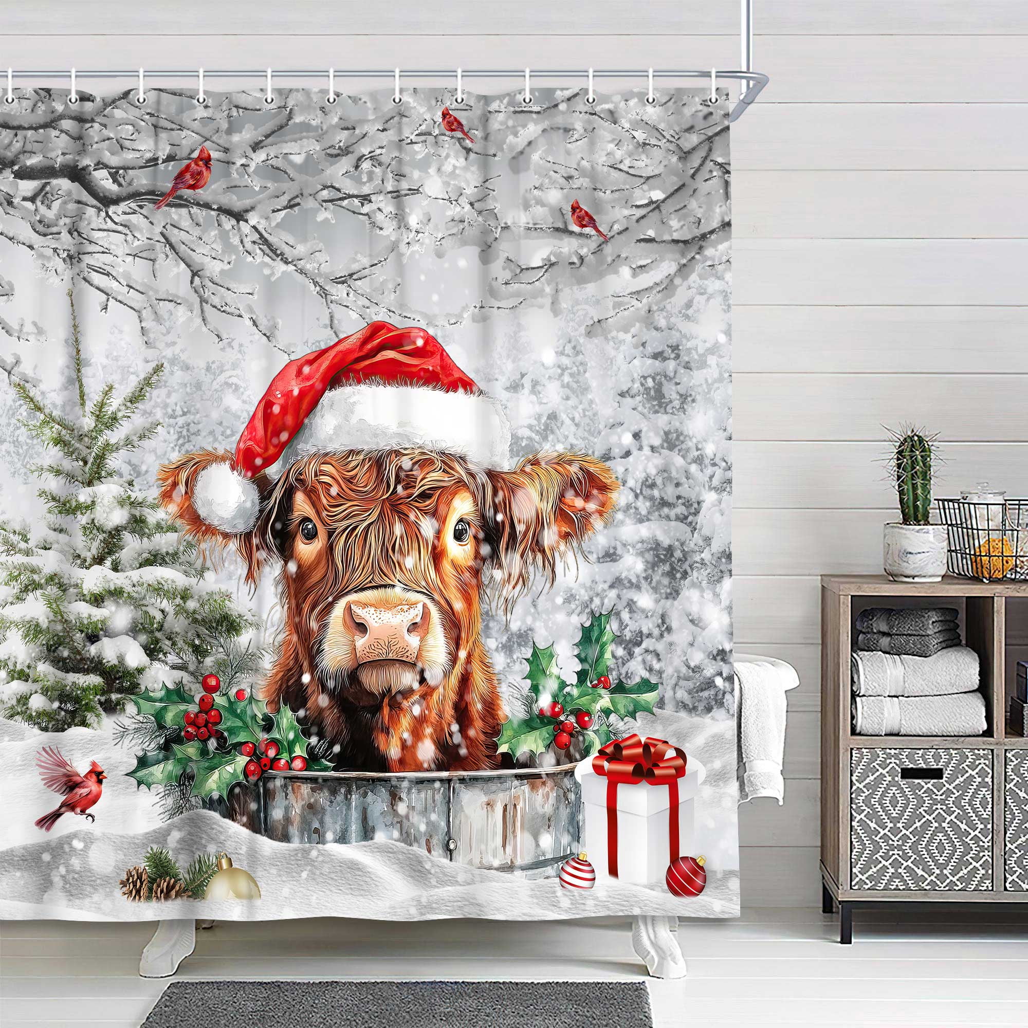 Christmas Highland Cow Shower Curtain for Bathroom, Funny Cute Cow