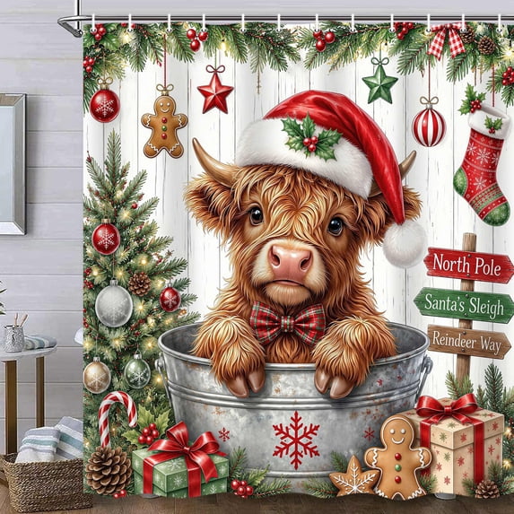 Christmas Highland Cow Shower Curtain, Cute Farm Animal in Tub Xmas Decor Shower Curtain for Bathroom, Rustic Holiday Waterproof Fabric with Hooks 72X72inch