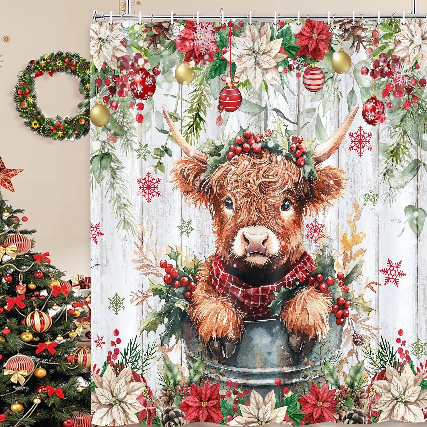 Christmas Highland Cow Shower Curtain, Winter Farmhouse Eucalyptus Leaves Floral Funny Animals Cute Cow Bath Curtain, Western Rustic Cute Wood Home Fabric Shower Curtain Sets with Hooks, 72X72in