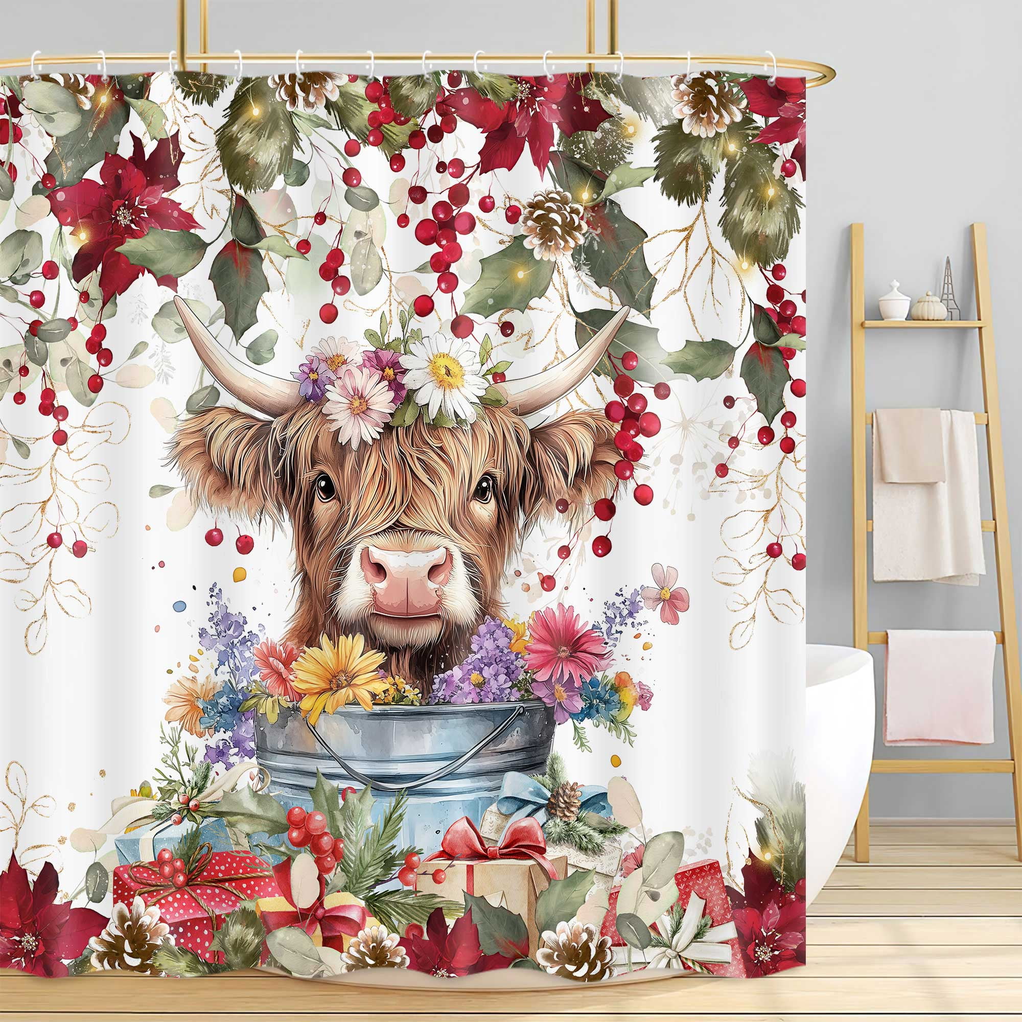 Christmas Highland Cow Shower Curtain, Winter Farmhouse Funny Animals Cute Cow Bath Curtain, Eucalyptus Leaves Pine Tree Red Bathroom Accessories Botanical for Bathroom Curtain Set with Hooks, 72x72in