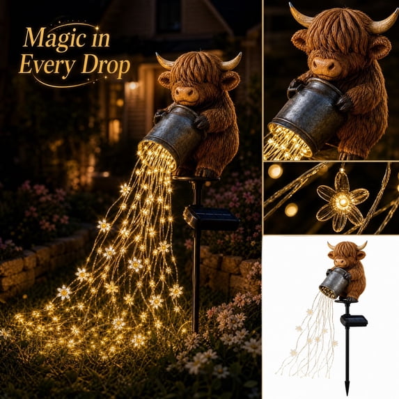 Christmas Highland Cow Solar Garden Stake Light, Bell Pouring String Lights Outdoor Decor for Yard Lawn Pathway, 17.7 in