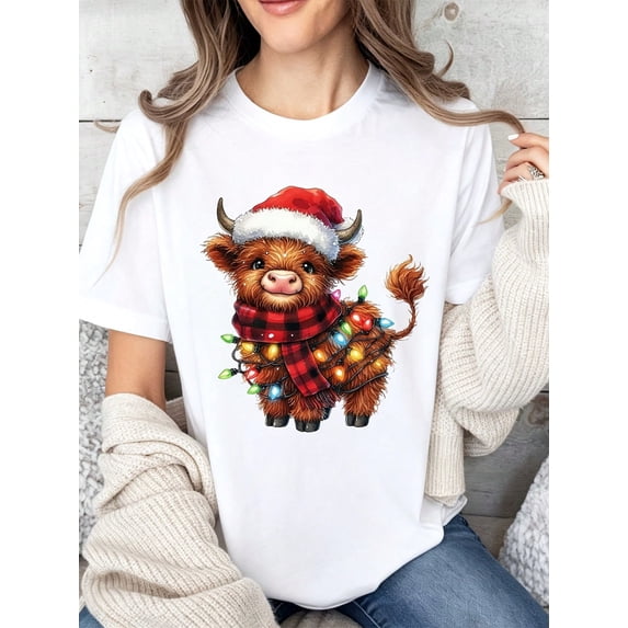 Christmas Highland Cow T Shirt Women Cute Santa Hat Plaid Scarf Lights Graphic Tee Festive Holiday Top Casual Short Sleeve