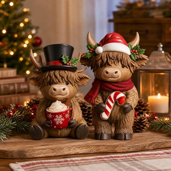 Christmas Highland Cow Table Decor Set of 2, Resin Fluffy Cow Figures for Tiered Tray Dinner Party Centerpiece, Rustic Xmas Holiday Home Decoration