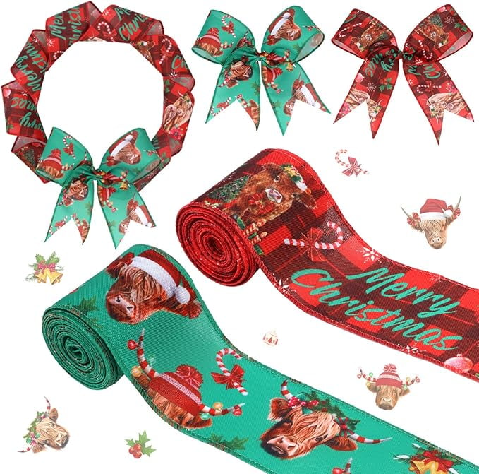 Christmas Highland Cow Theme Ribbon Set, Red Green Cattle Snowflake Checkered Wired Edge Ribbon for Xmas Winter Holiday New Year Farm Animals Party, Gift Wrapping Wreaths Bow Crafts Decor