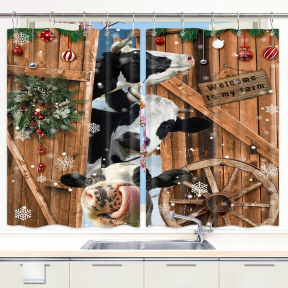 Christmas Highland Cow Window Curtains, Funny Cow Farmhouse Barn Door Rustic Vintage Wooden Xmas Wreath Animals Holiday Curtains, Kitchen Bedroom Window Treatment with Hooks, 55X39inch, 2PC Panels