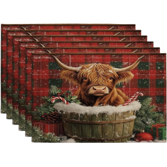 Christmas Highland Cows Placemats Set of 6, 12x18 Inch, Xmas Farmhouse Plaid 6Pcs Washable Table Mats for Home Dinning, Animal Holiday Party Kitchen Decor
