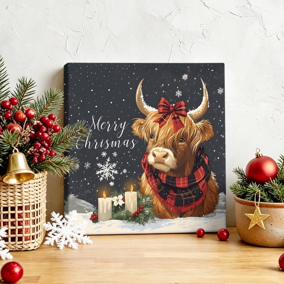 Christmas Highland Red Buffalo Plaid Canvas Artwork Painting Art, Snowflakes on Dark Square Framed Wall Decorations Prints Picture for Bedroom Kitchen Living Room, 8x8 in