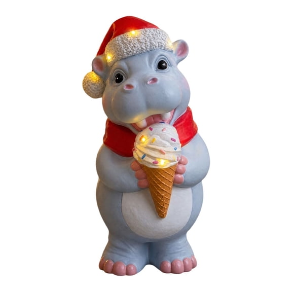 Christmas Hippo Statue, Cute Animal Sculpture, Lighted Holiday Figurine, Christmas Tabletop Statue, Seasonal Resin Decor, Xmas Accent Ornament, Hippo Shaped Resin Statue, Christmas Decoration
