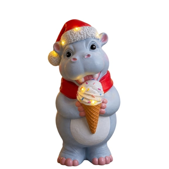 Christmas Hippo Statue with LED Lights, Cute Hippopotamus Holding Ice Cream Cone in Santa Hat & Red Scarf, Resin Figurine Christmas Tabletop Home Decor Holiday Ornament