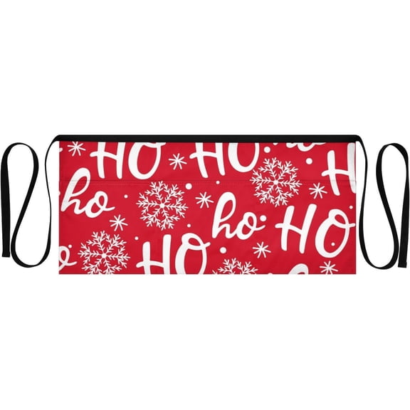 Christmas Ho Ho Ho Server Waist Apron, 3 Pockets Half Apron with Red Snowflake Print for Holiday Restaurant, Barista & Food Service