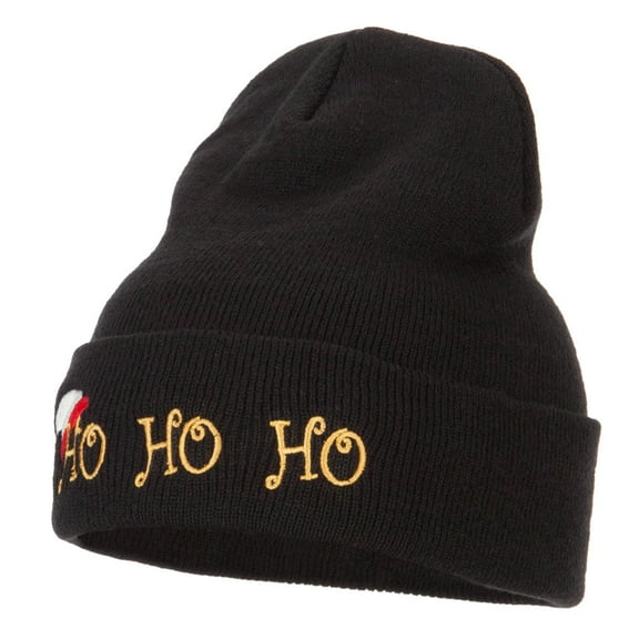 Christmas Ho Ho Ho with Hat Embroidered Long Beanie - Black OSFM