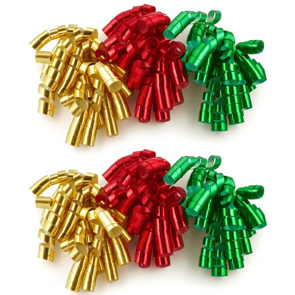 Christmas Holiday 6-Count Self-Adhesive Metallic Curly Bows for Giftwrapping in 3 Colors - Red, Gold & Green, 3" x 5"