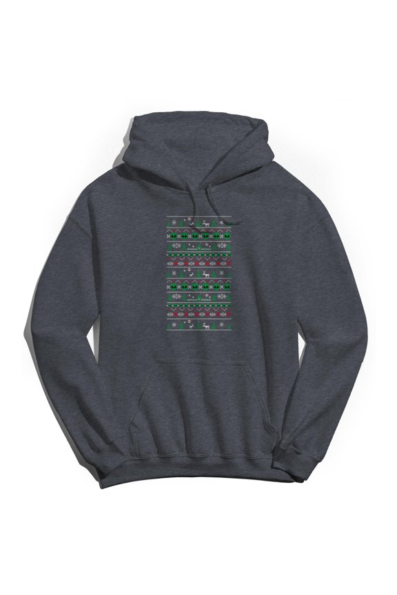 Christmas Holiday Alien Xmas Sweater Print Graphic Dark Heather Grey Men's Cotton Pullover Hoodie