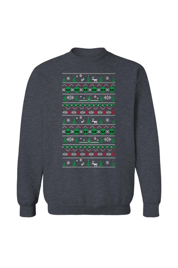Christmas Holiday Alien Xmas Sweater Print Graphic Dark Heather Men's Cotton Pullover Sweatshirt