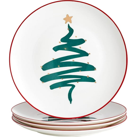 Christmas Holiday Bone China Dessert Plates - Salad Plates 8 inch - Set of 4,Oven&Dishwasher Safe Kitchen Serving Dishes (Tree, 8 inch)