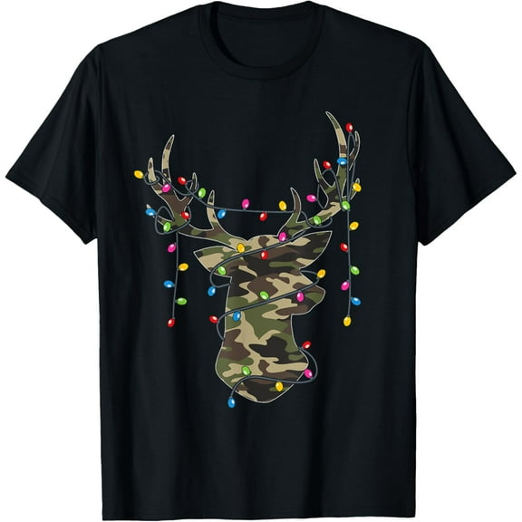Christmas Holiday Camo Hunting Reindeer Deer Xmas Lights Funny Creative Graphic T-Shirt