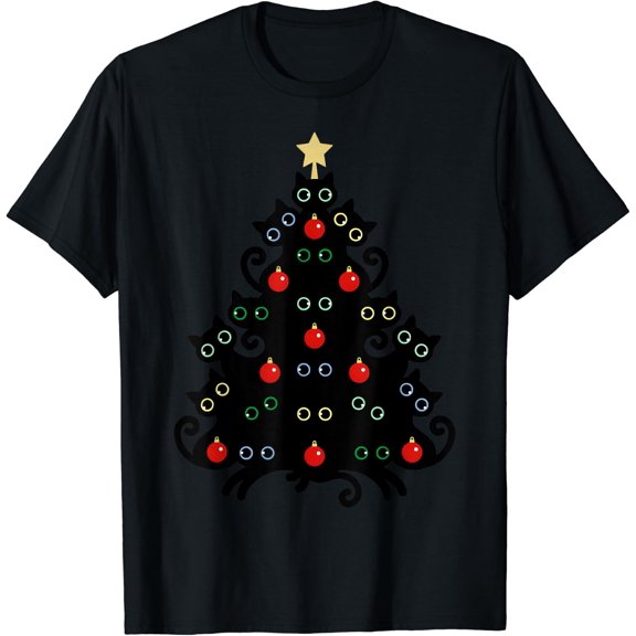 Christmas Holiday Cat Tree Mas Kitten Black Cats Celebration T-Shirt, Size S-5XL