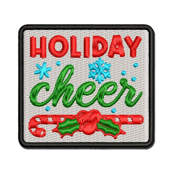 Christmas Holiday Cheer Candy Cane and Holly Applique Multi-Color Embroidered Iron-On Patch - 3 Inch Medium