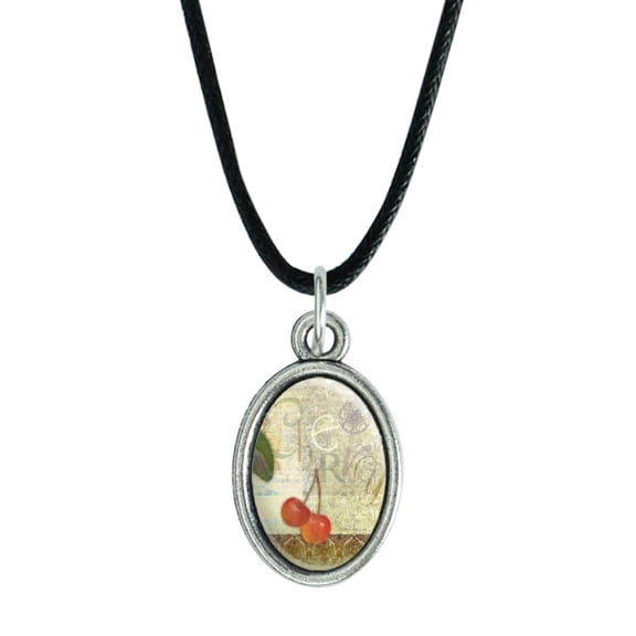Christmas Holiday Cherry Cherries Red Green Antiqued Oval Charm Pendant with Black Satin Cord