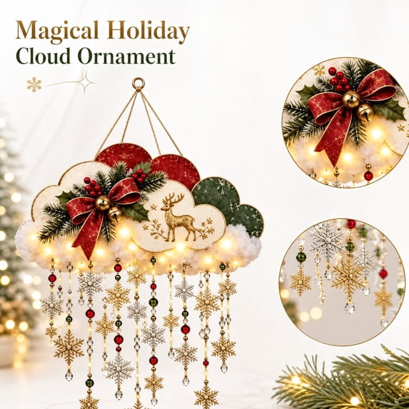 Christmas Holiday Cloud Wind Chime Wall Ornament, 3D Illuminated Cloud Wall Sign, Hanging Snowflake & Pinecone Accent Wall Decor for Indoor Holiday Display