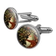 thumbnail image 1 of Christmas Holiday Deck the Halls Santa Holly Round Cufflink Set Silver Color, 1 of 6