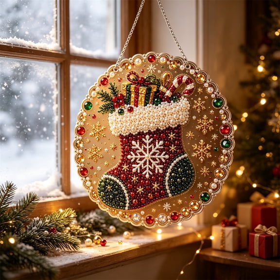 Christmas Holiday Decoration Diamond Shaped Picture Pendant, Sparkling Rhinestone Ornament For Tree Hanging, Festive Acrylic Wall Decor For Home
