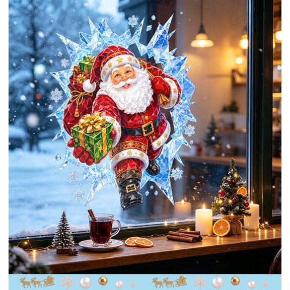 Christmas Holiday Decorations Broken Window Old Man Shop Ambiance Cling Stickers, Broken Window Old Man Window Cling With Peel And Stick Design, Glass Door Window Stickers for Shop Holiday Decor