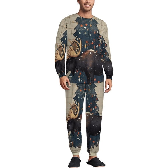 Christmas Holiday Deer Men's Pajama Set Sleepwear Pjs Lightweight Long Sleeve Crewneck Shirts and Bottoms Soft Comfy Sleep Sets M