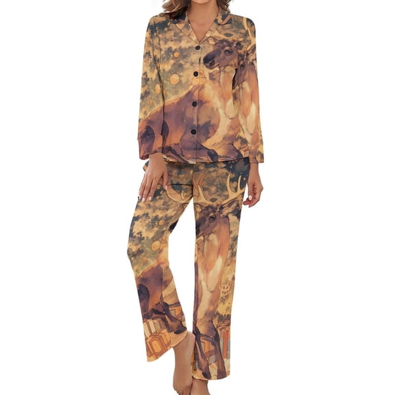 Christmas Holiday Deer Women's Long Sleeve Flannel Pajama Set Sleepwear M
